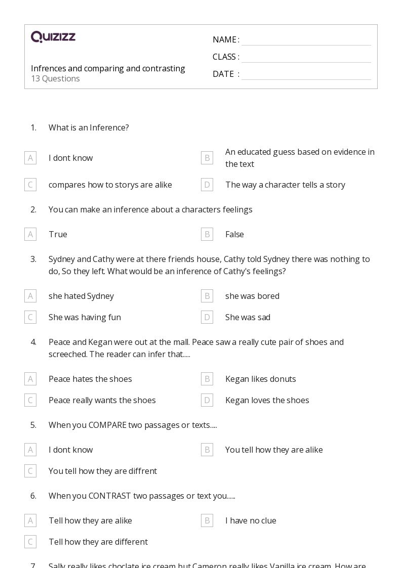 50+ Comparing and Contrasting worksheets for 6th Class on Quizizz