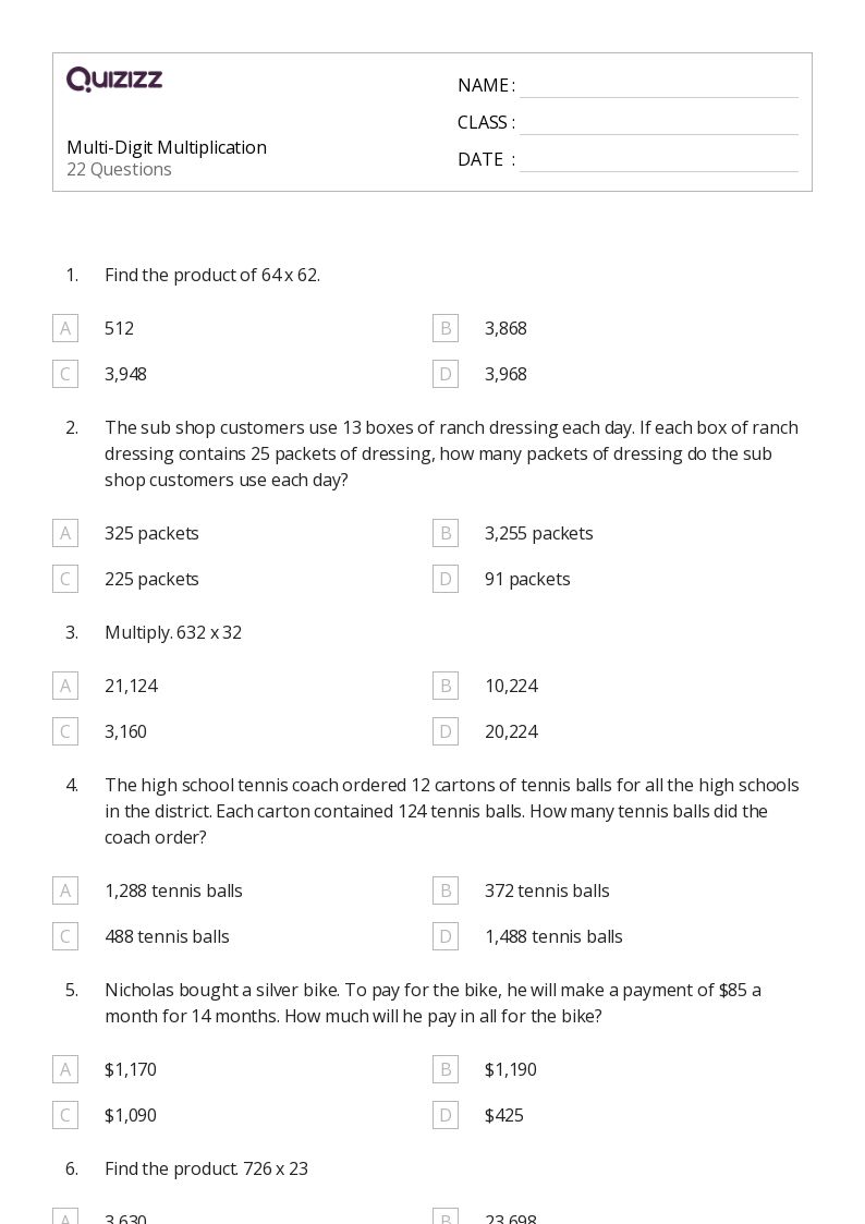 50+ MultiDigit Multiplication worksheets for 5th Grade on Quizizz Free & Printable