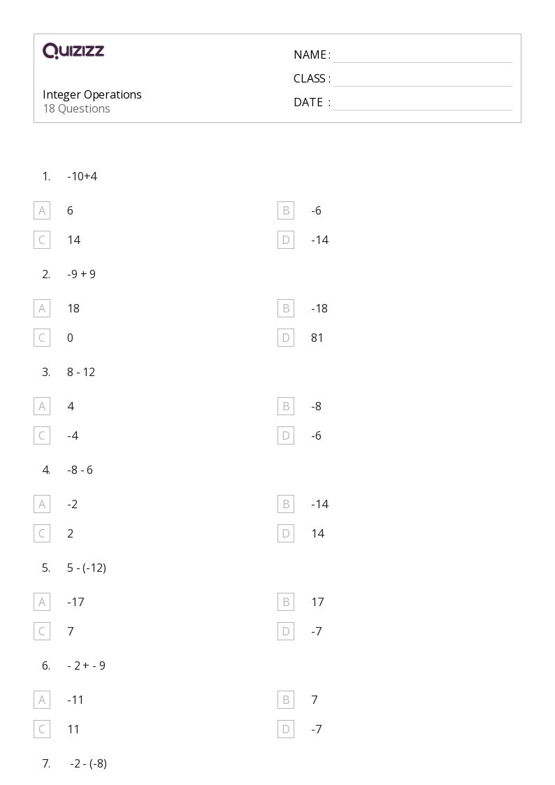 50+ Operations With Integers worksheets for 5th Grade on Quizizz Free & Printable
