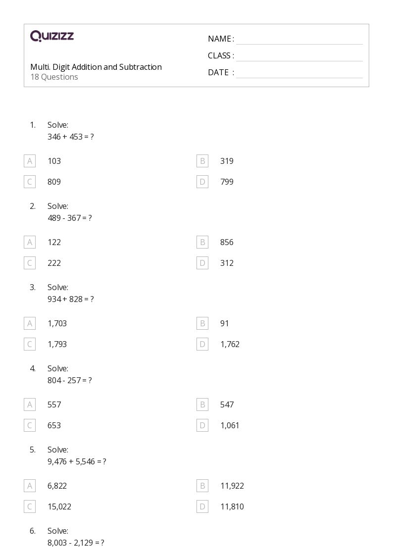 50+ MultiDigit Addition worksheets for 4th Grade on Quizizz Free & Printable