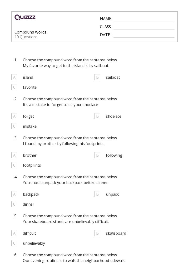 50+ Compound Words worksheets for 2nd Class on Quizizz Free & Printable