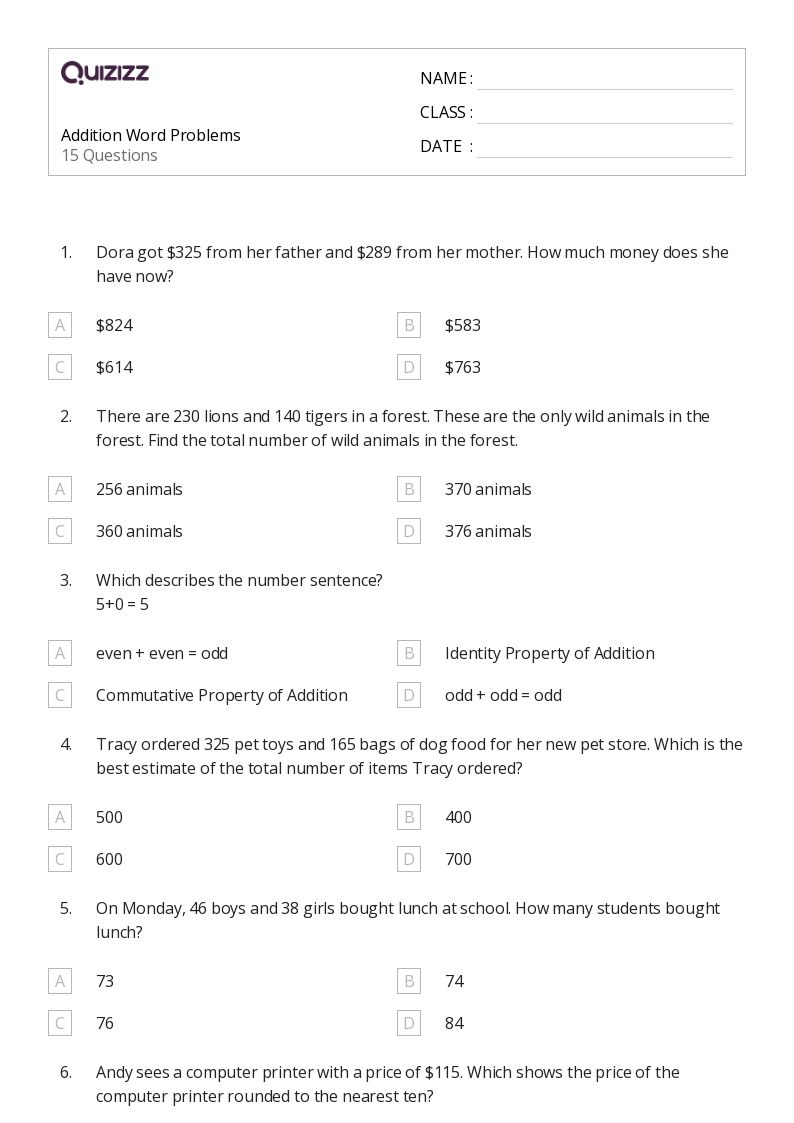 Printable Addition Word Problems Worksheets for Grade 3 Quizizz
