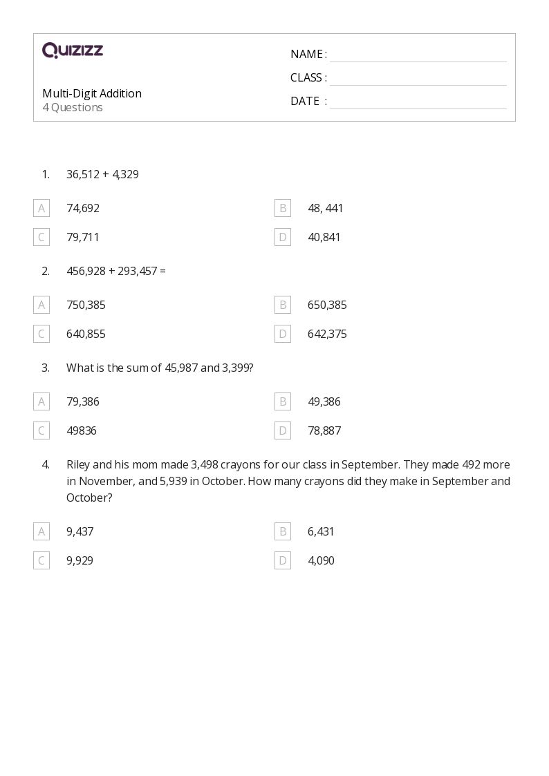 50+ MultiDigit Addition worksheets for 6th Grade on Quizizz Free & Printable