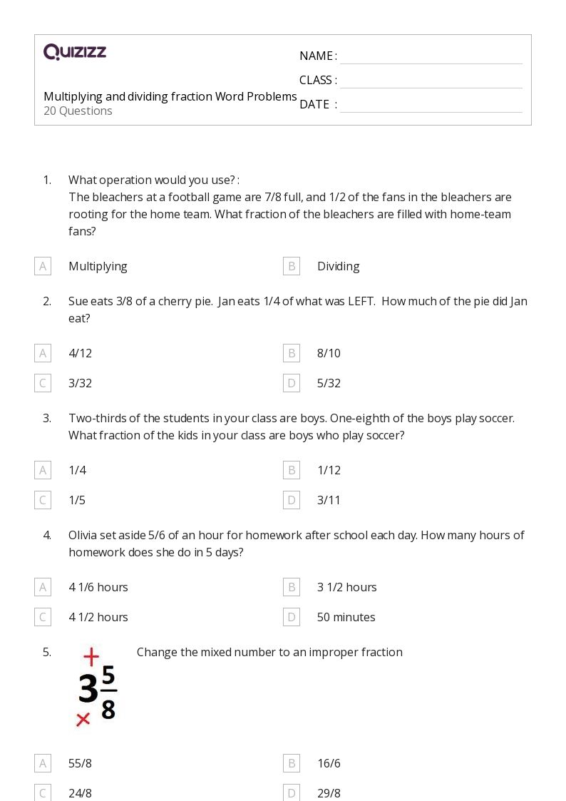 50+ Fraction Word Problems worksheets for 8th Grade on Quizizz Free
