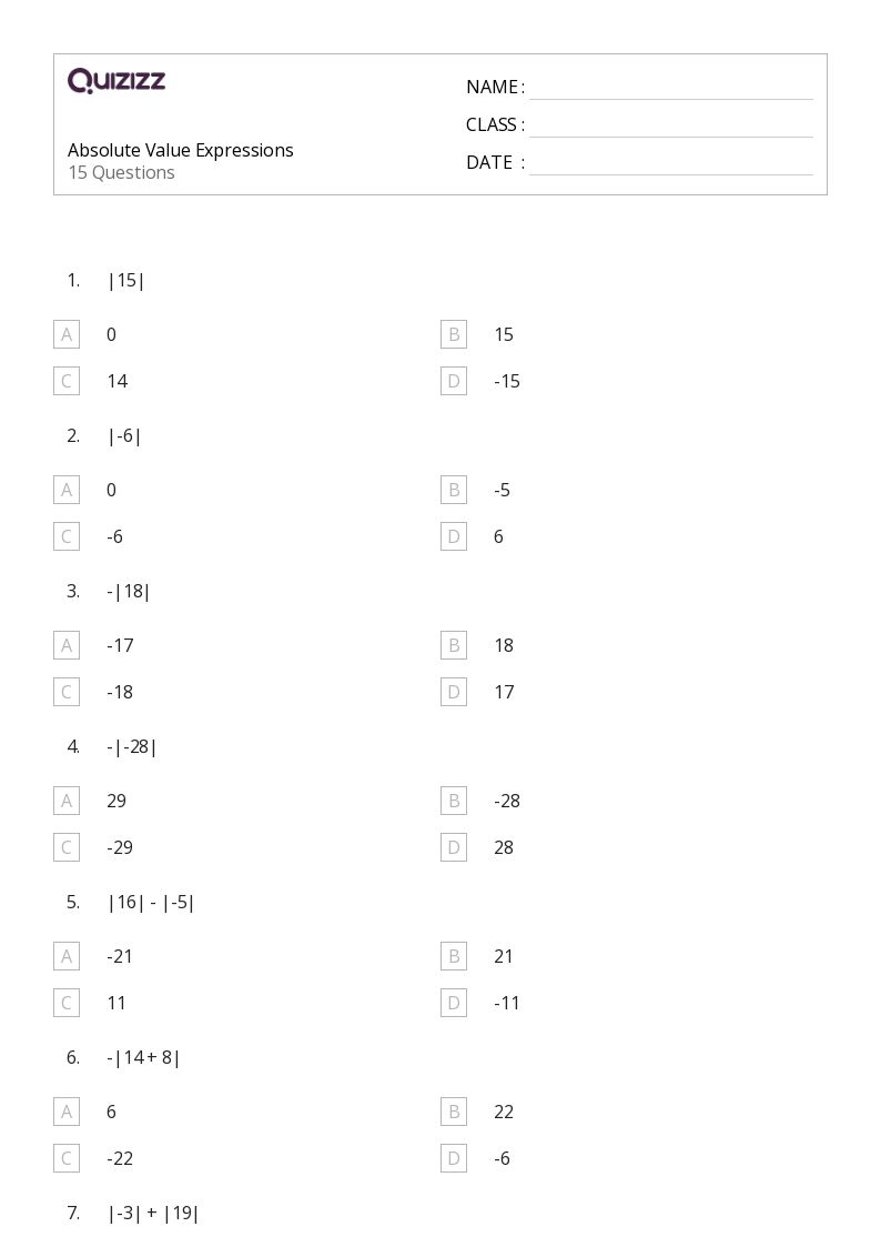 50+ Absolute Value worksheets for 7th Grade on Quizizz Free & Printable