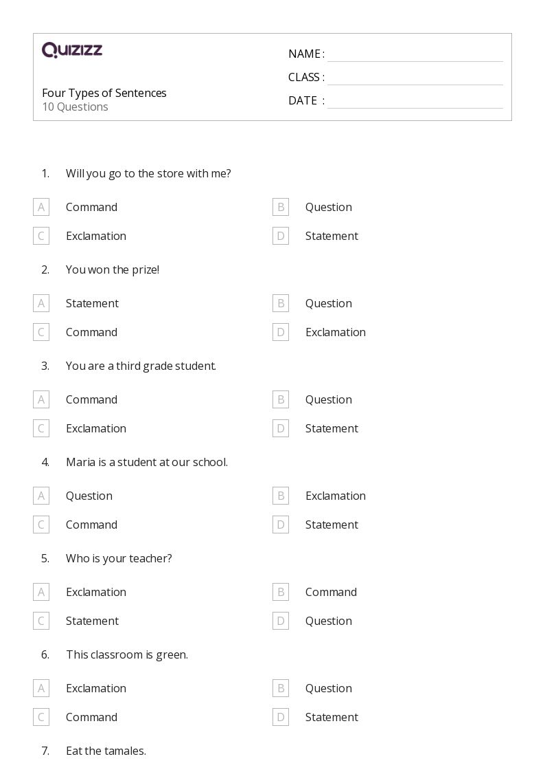 50+ Types of Sentences worksheets for Kindergarten on Quizizz Free & Printable