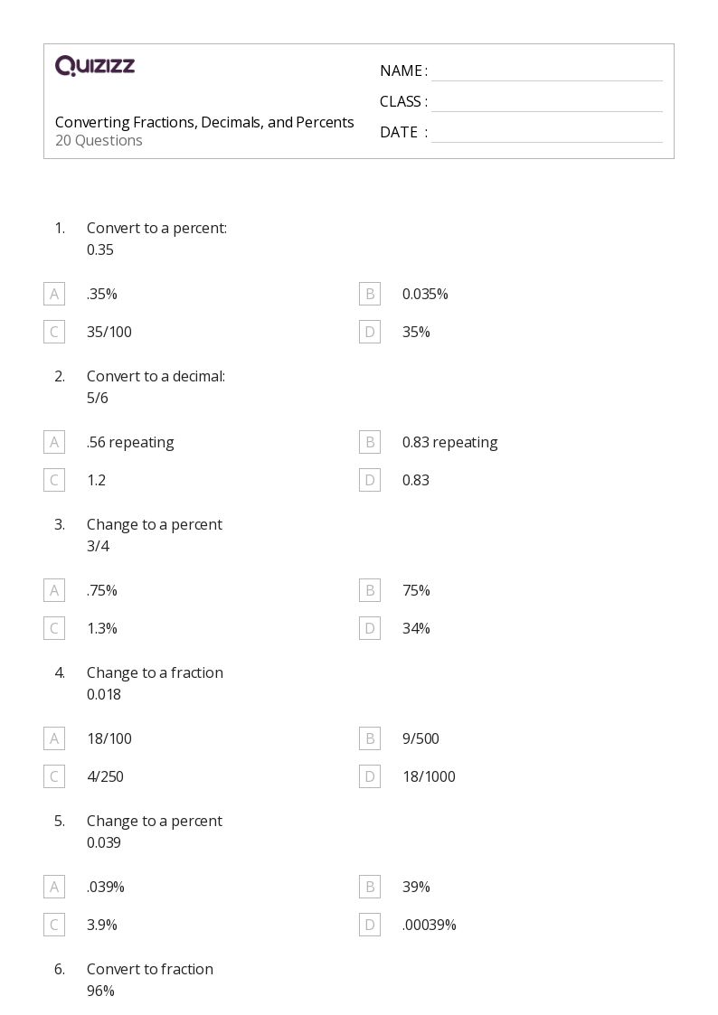 50+ Converting Decimals and Fractions worksheets for 7th Grade on