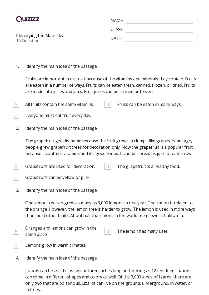 50+ Identifying the Main Idea worksheets for 5th Grade on Quizizz