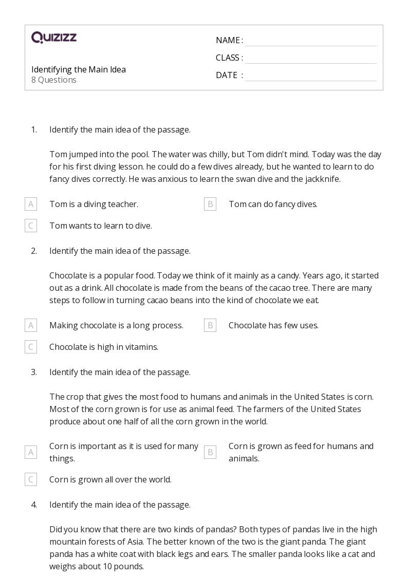 50+ Identifying the Main Idea worksheets for 5th Grade on Quizizz