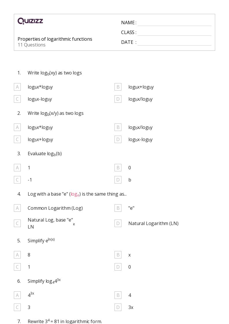 50+ derivatives of logarithmic functions worksheets for 10th Grade on