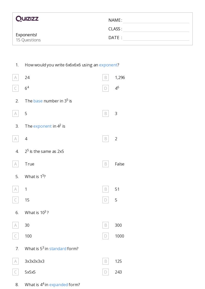 50+ Exponents worksheets for 6th Grade on Quizizz | Free & Printable