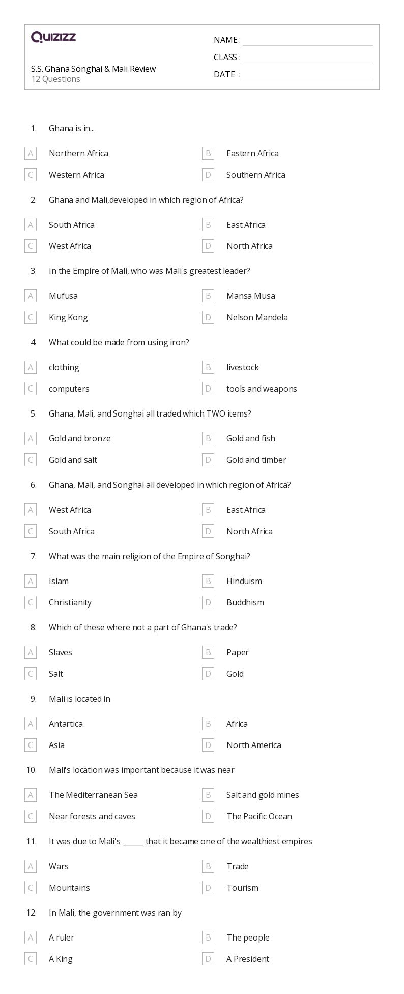 50+ the songhai empire worksheets on Quizizz | Free & Printable