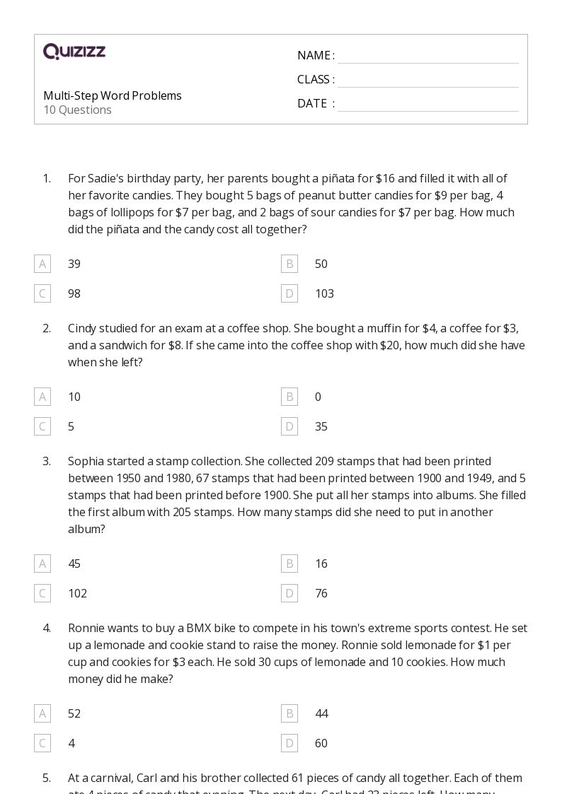 50+ Multi-Step Word Problems worksheets for 5th Grade on Quizizz | Free