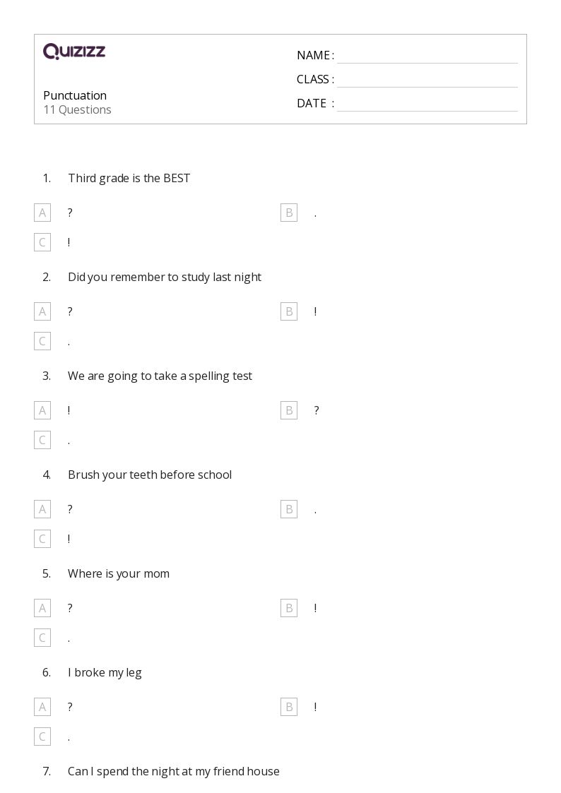 50+ Punctuation worksheets for 3rd Class on Quizizz | Free & Printable