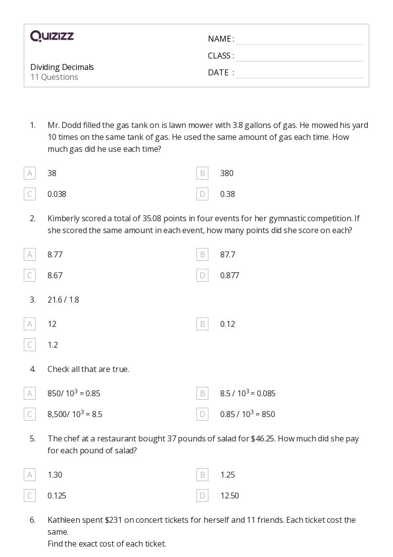 50+ Dividing Decimals worksheets on Quizizz | Free & Printable