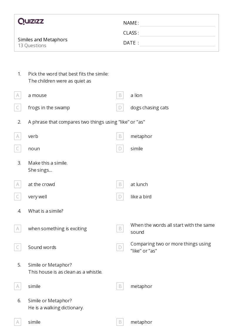 50+ Metaphors worksheets for 7th Grade on Quizizz Free & Printable