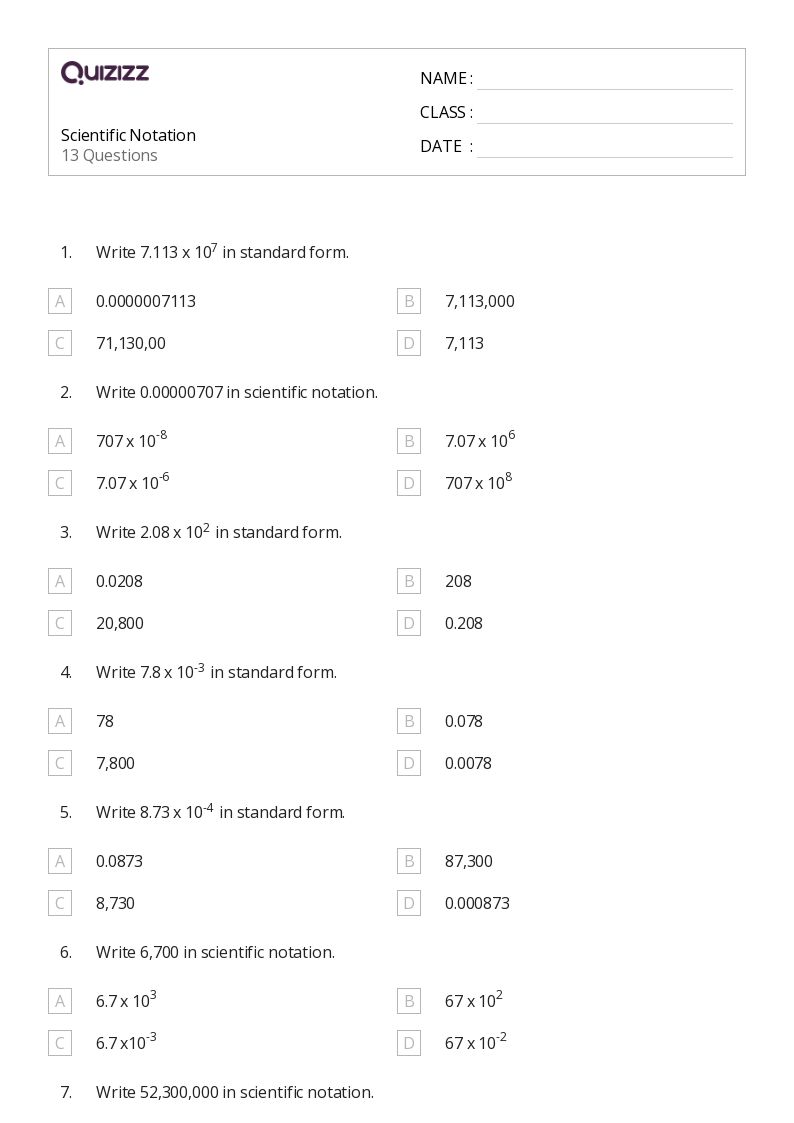 50+ Scientific Notation worksheets for 6th Grade on Quizizz Free & Printable