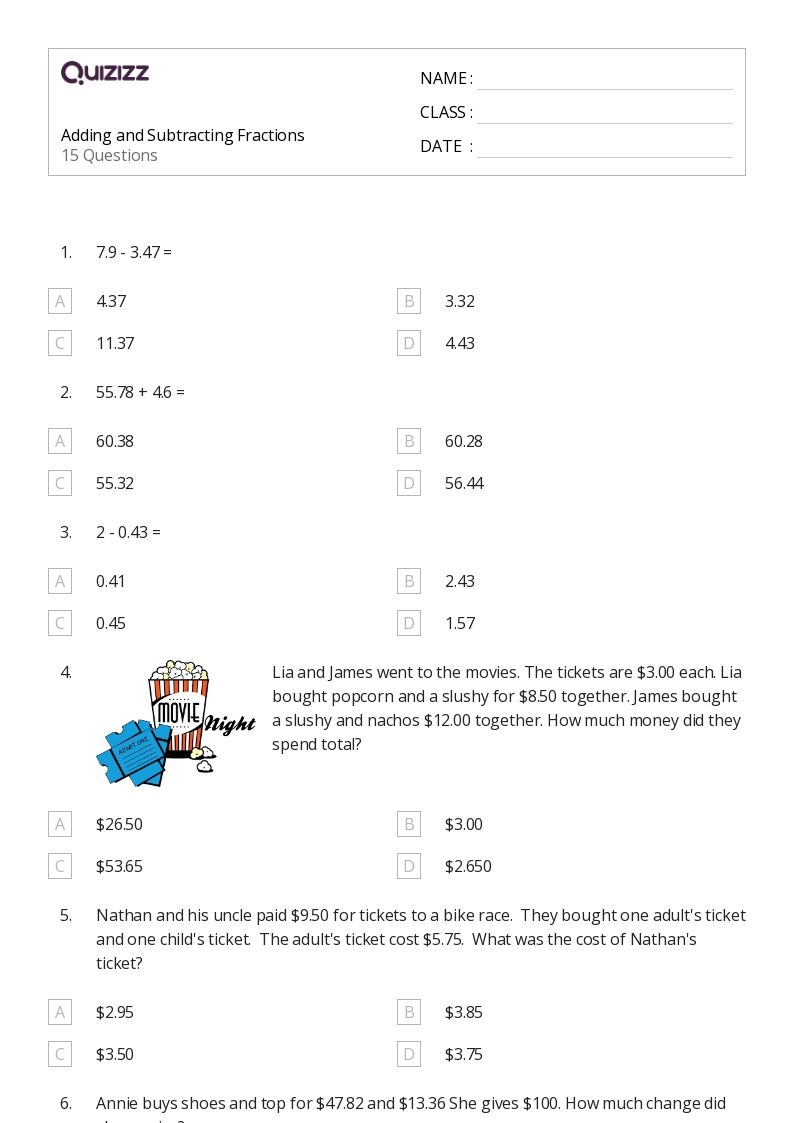 50+ Adding and Subtracting Fractions worksheets for 6th Class on Quizizz Free & Printable