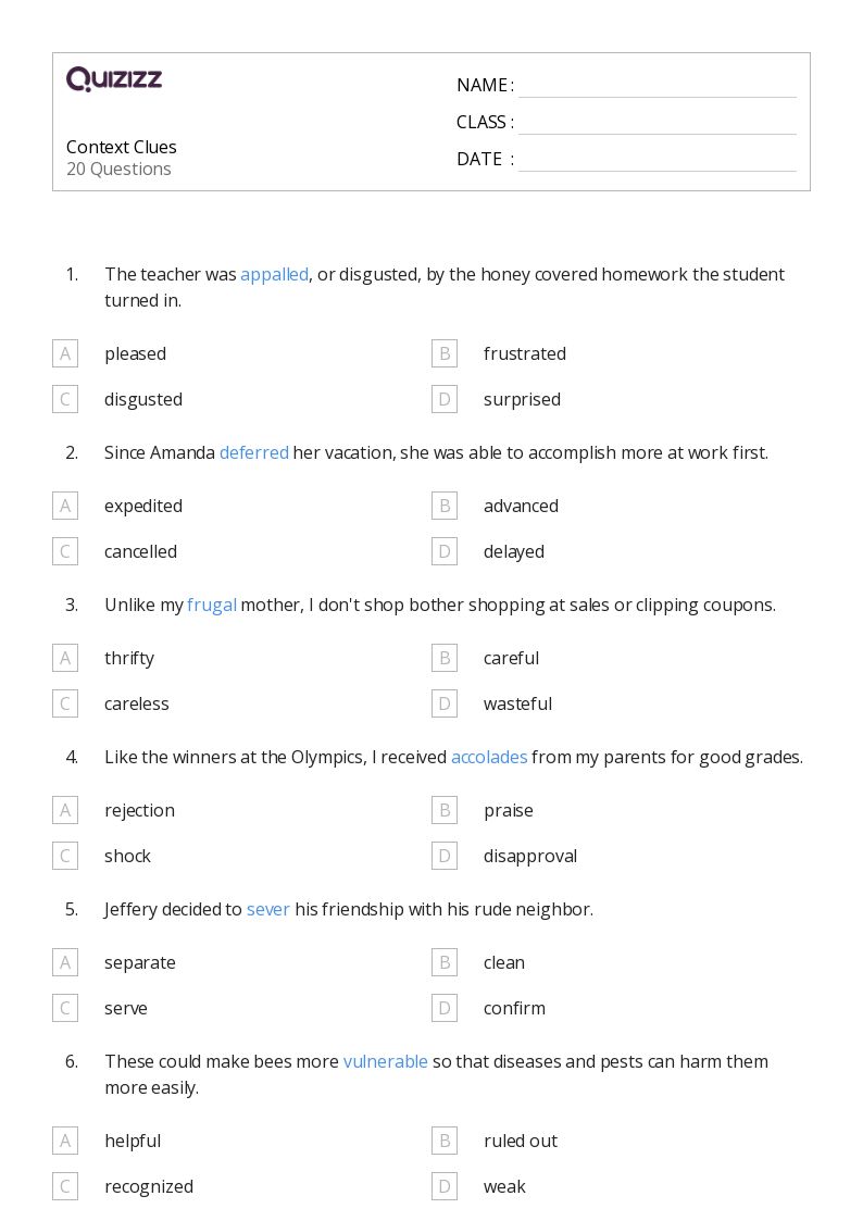 50+ Determining Meaning Using Context Clues worksheets for 6th Class on Quizizz Free & Printable