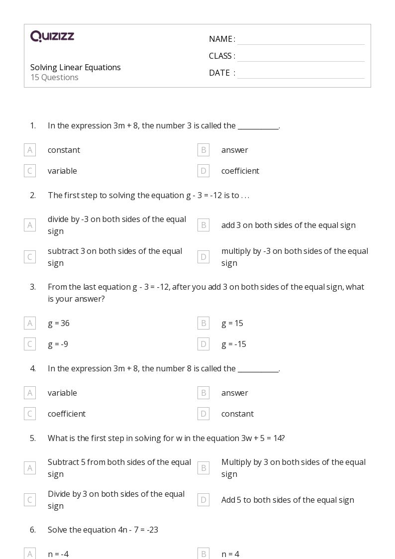 50+ Linear Equations worksheets for 7th Grade on Quizizz | Free & Printable