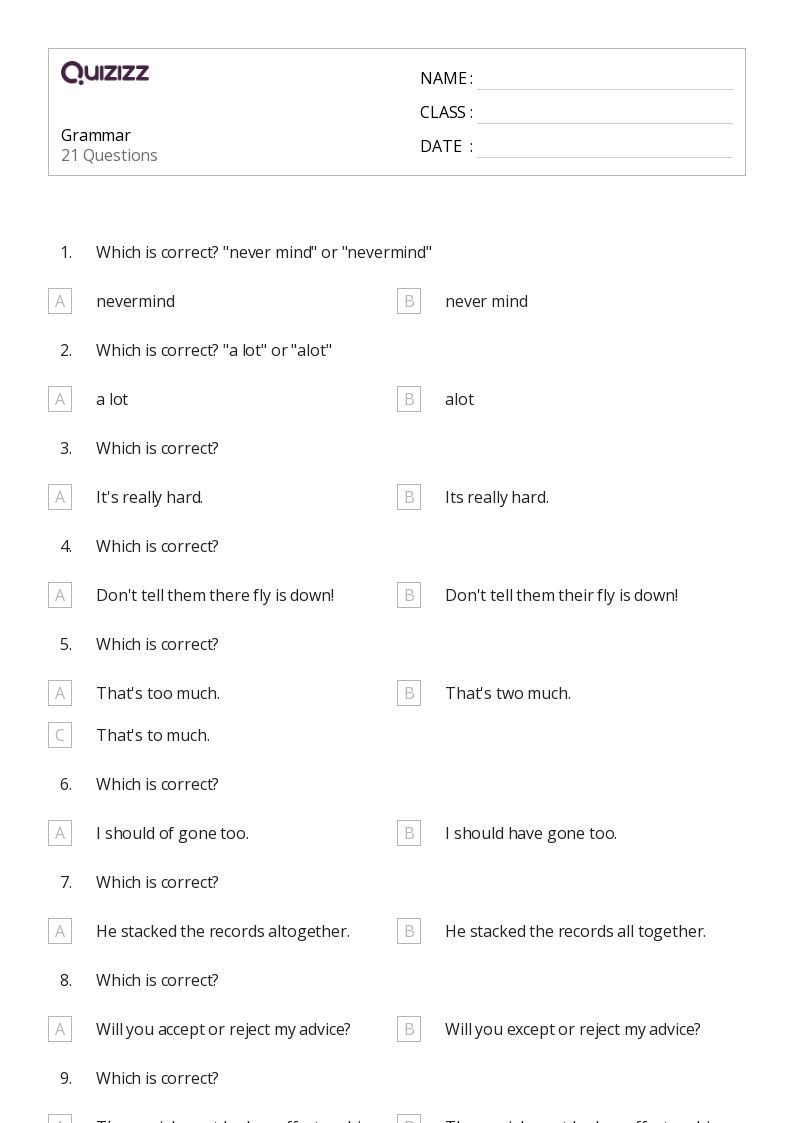 50+ Grammar worksheets on Quizizz Free & Printable