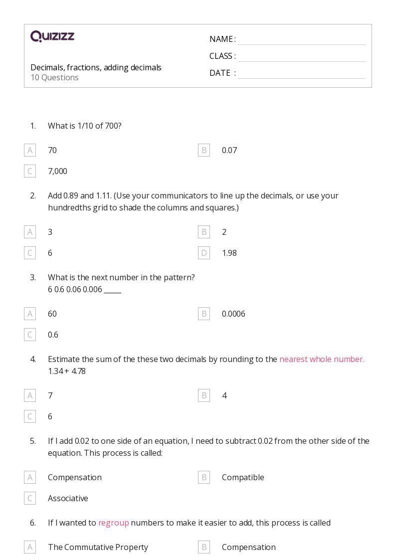 50+ Adding Decimals worksheets for 4th Grade on Quizizz Free & Printable
