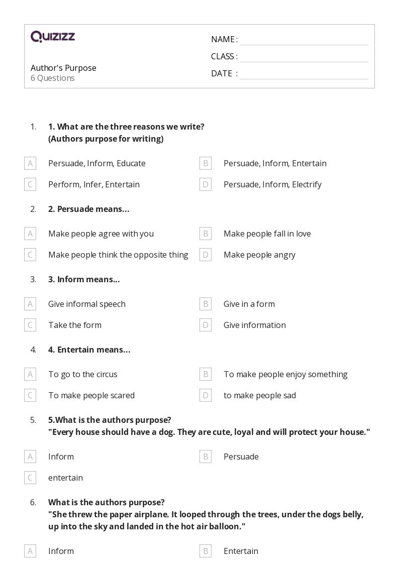 50+ Identifying the Author's Purpose worksheets for 4th Grade on Quizizz Free & Printable