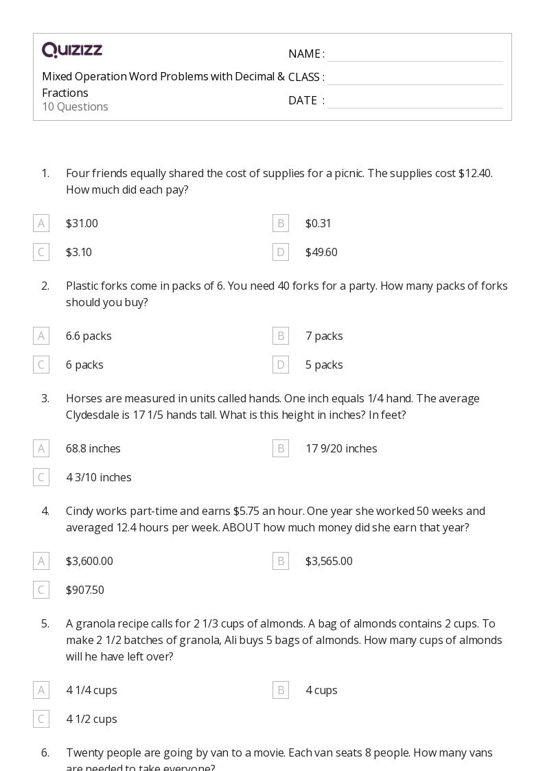 50+ Mixed Operation Word Problems worksheets for 6th Grade on Quizizz