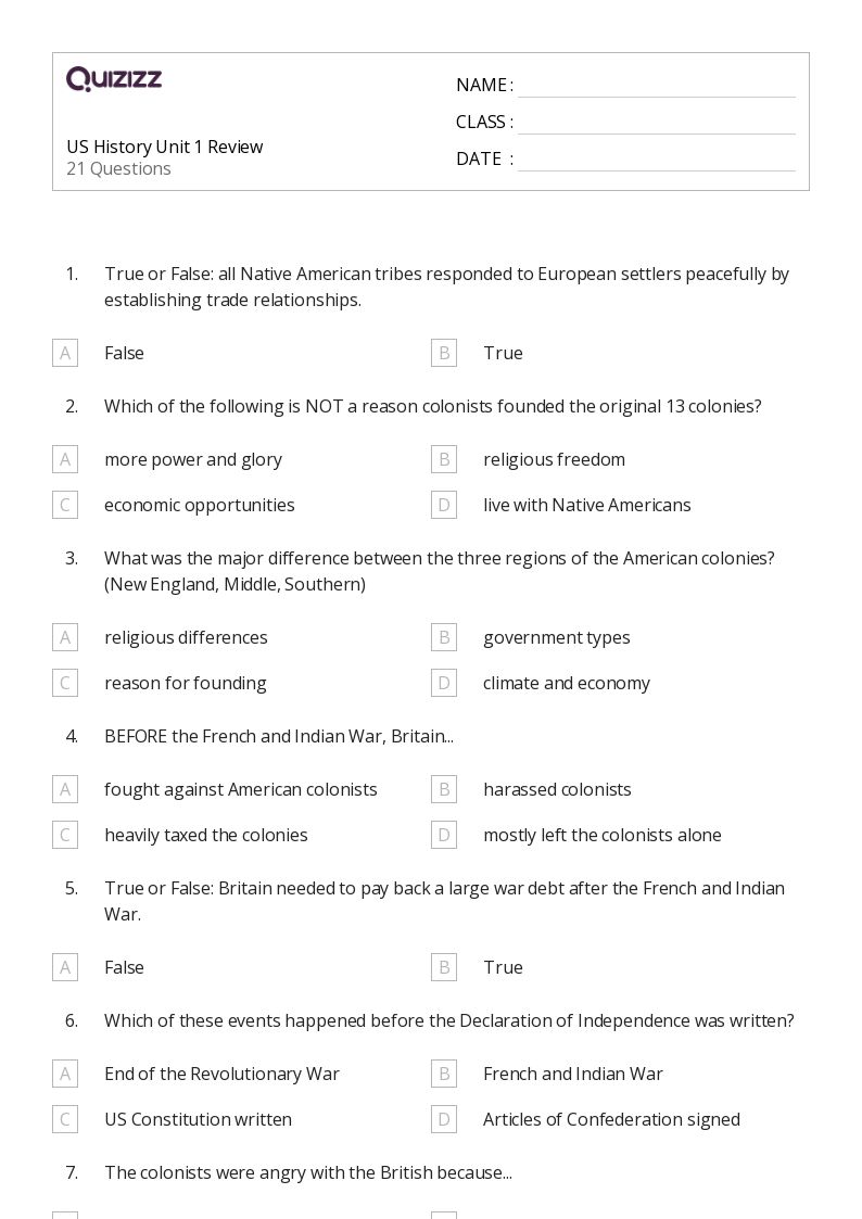 50+ U.S. History worksheets for Grade 6 on Quizizz Free & Printable
