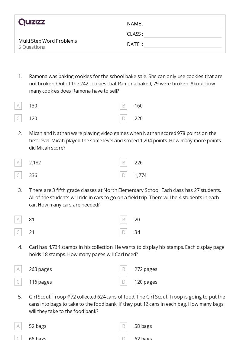 50+ MultiStep Word Problems worksheets for 5th Grade on Quizizz Free