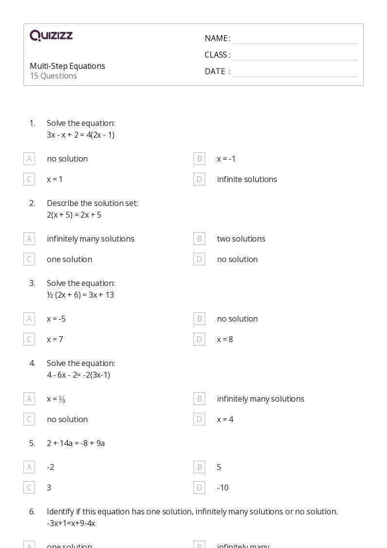50+ MultiStep Equations worksheets for Grade 8 on Quizizz Free & Printable