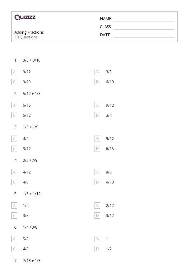 50+ Adding Fractions worksheets for 6th Grade on Quizizz Free & Printable