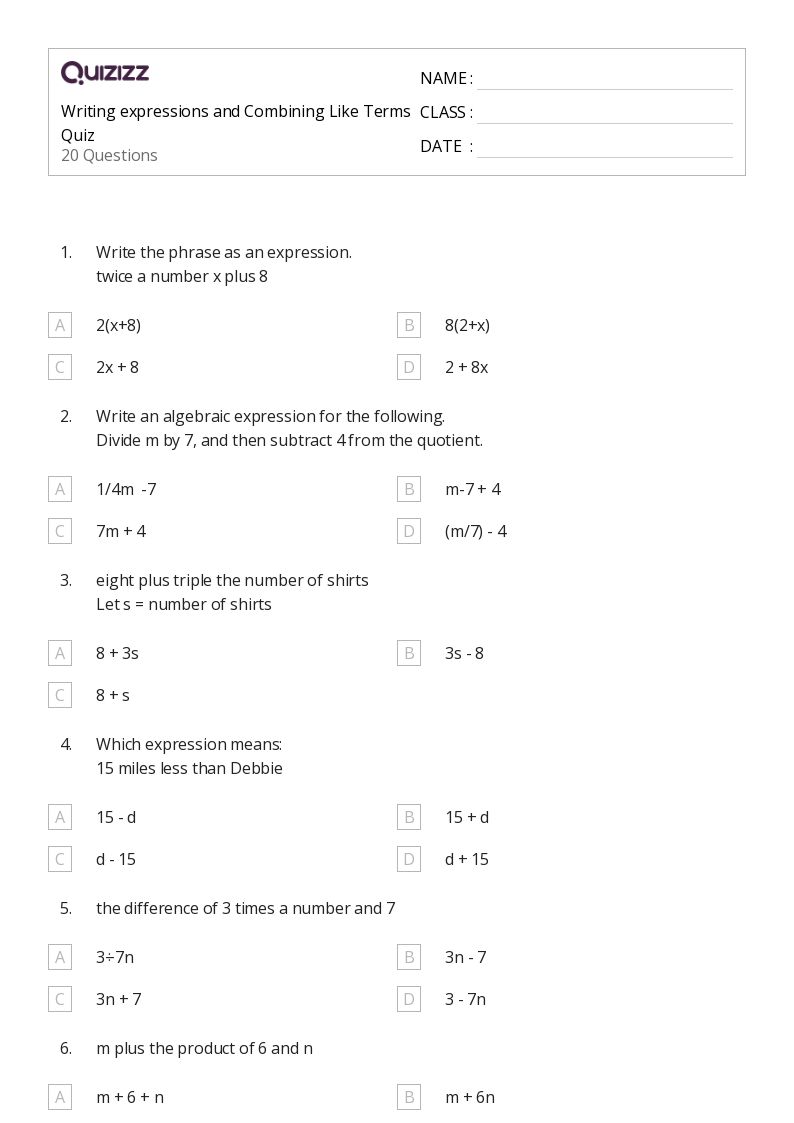 50+ Writing Expressions worksheets for 8th Grade on Quizizz Free