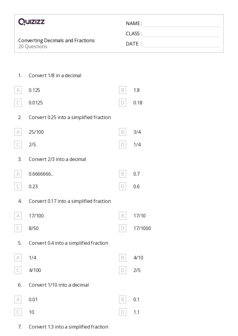 50+ Converting Decimals and Fractions worksheets for 7th Grade on Quizizz Free & Printable