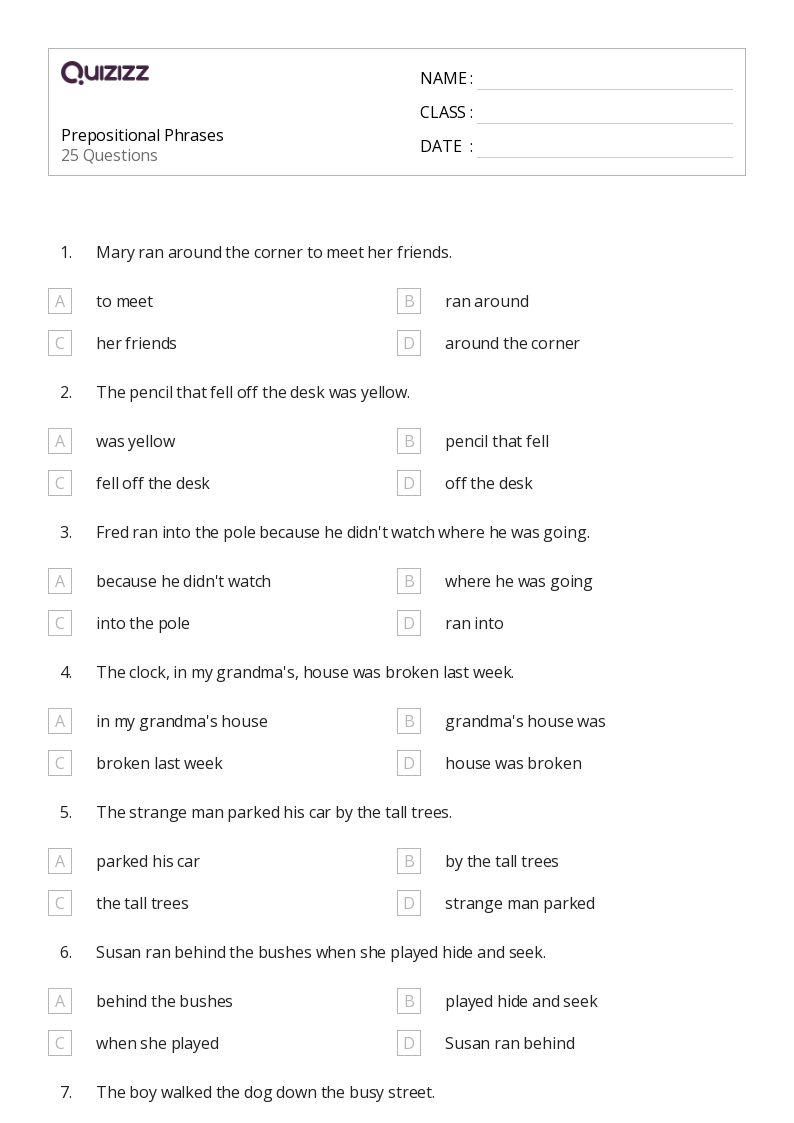50+ Prepositional Phrases worksheets for 4th Grade on Quizizz | Free