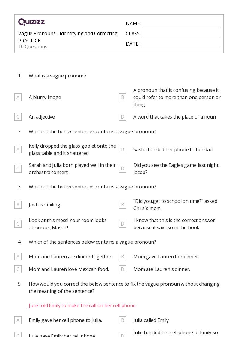 50+ Vague Pronouns worksheets for 6th Grade on Quizizz Free & Printable