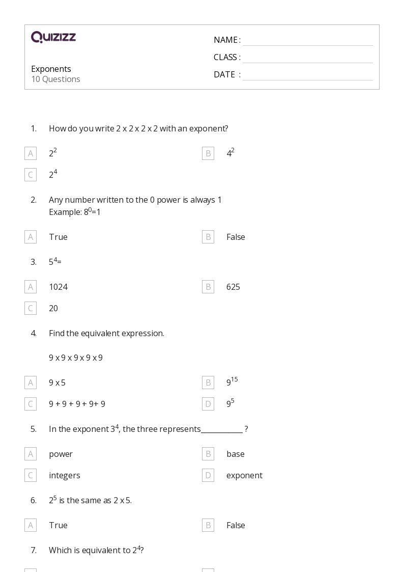 50+ Exponents worksheets for 7th Grade on Quizizz | Free & Printable