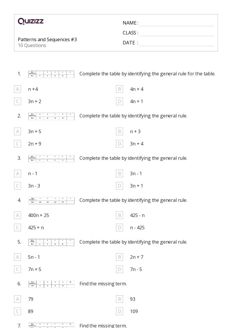 50+ Addition and Patterns of One More worksheets for 6th Grade on Quizizz Free & Printable