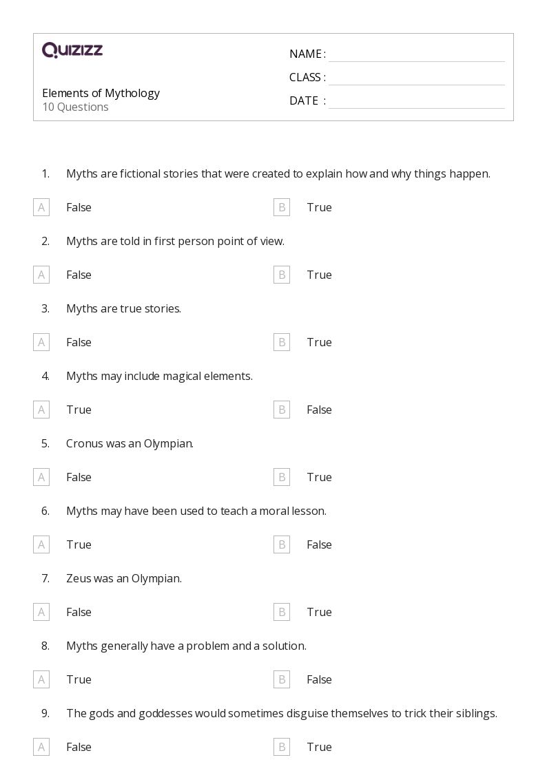 50+ Myths worksheets for 4th Grade on Quizizz Free & Printable
