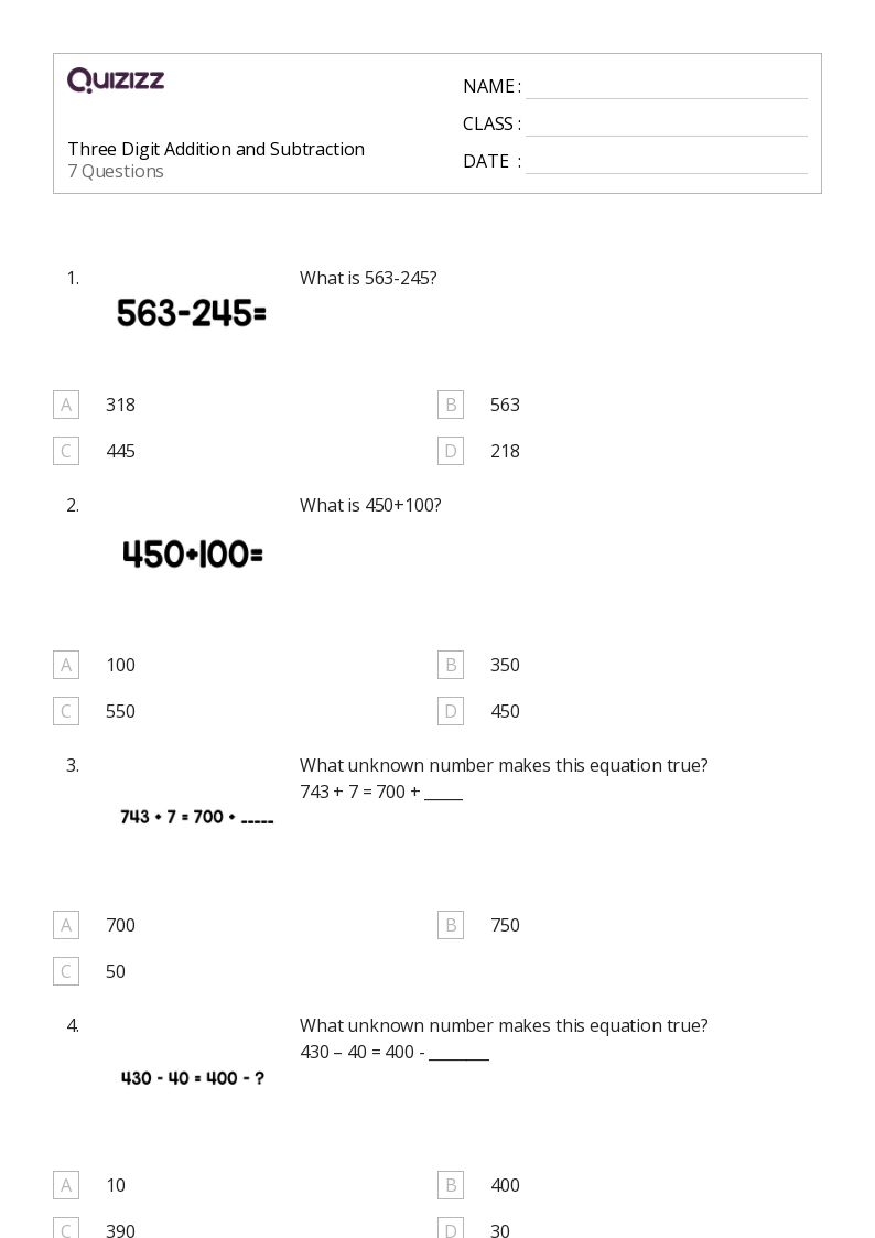 50+ Three-Digit Addition worksheets on Quizizz | Free & Printable