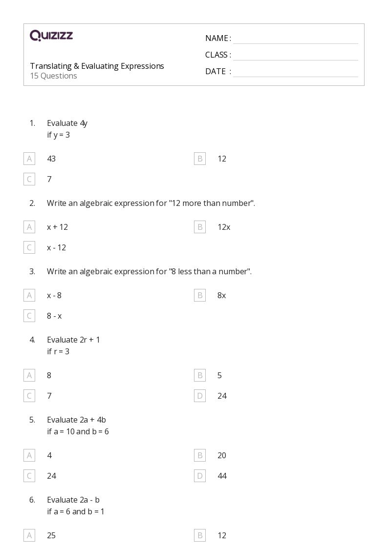 50+ Evaluating Expressions worksheets for 6th Grade on Quizizz Free & Printable