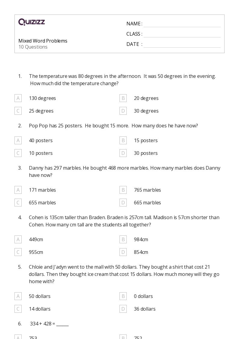 50+ Mixed Operation Word Problems worksheets for 3rd Grade on Quizizz