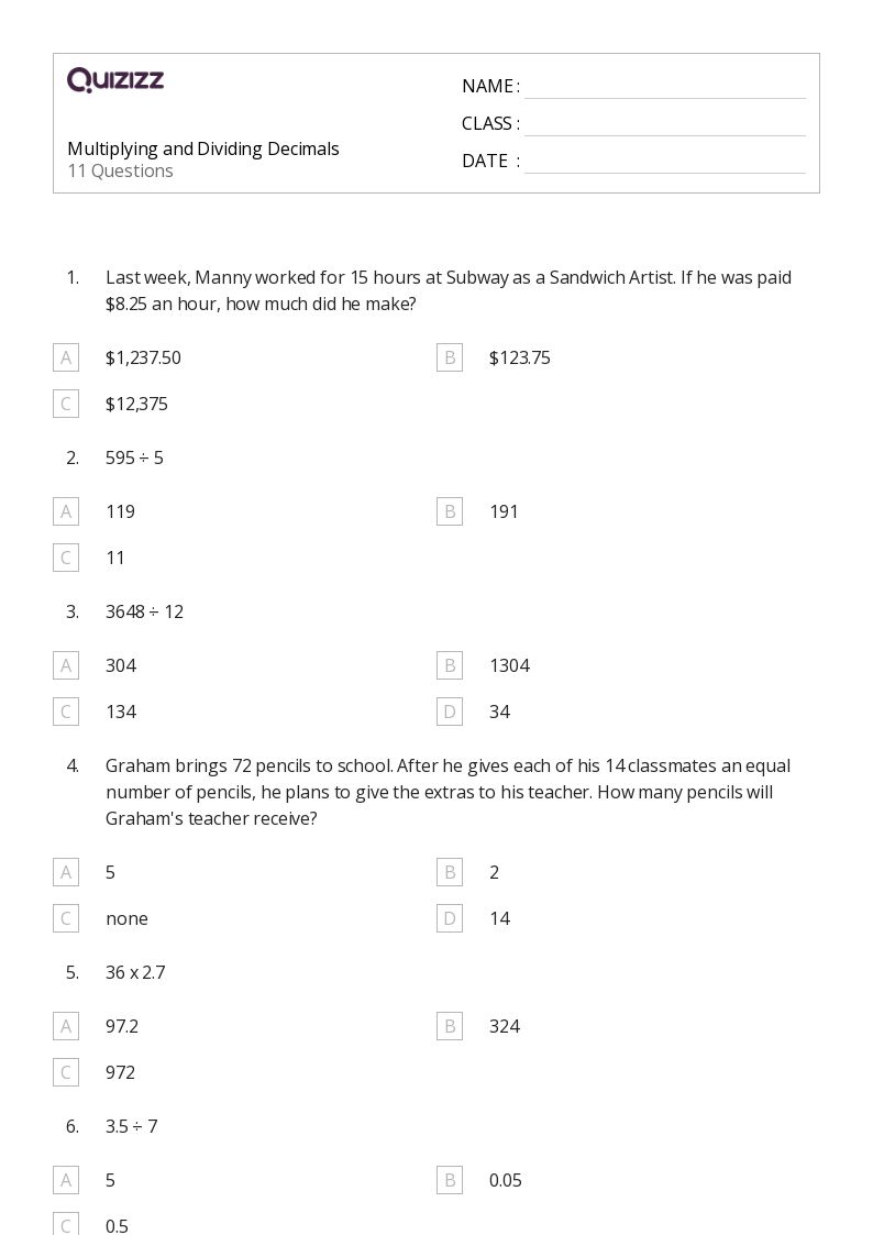 50+ Dividing Decimals worksheets for 4th Grade on Quizizz Free & Printable