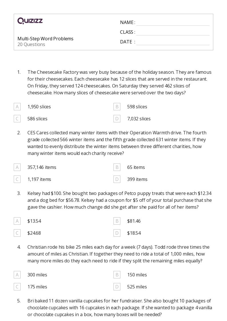 50+ Multi-Step Word Problems worksheets for 5th Grade on Quizizz | Free