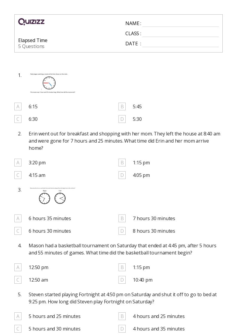 50+ Elapsed Time worksheets for 6th Class on Quizizz Free & Printable