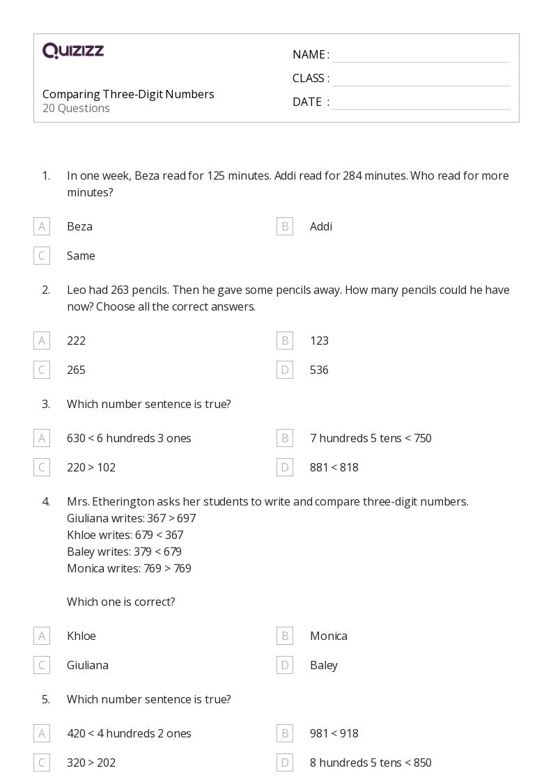 50+ Comparing Three-Digit Numbers worksheets for 3rd Grade on Quizizz