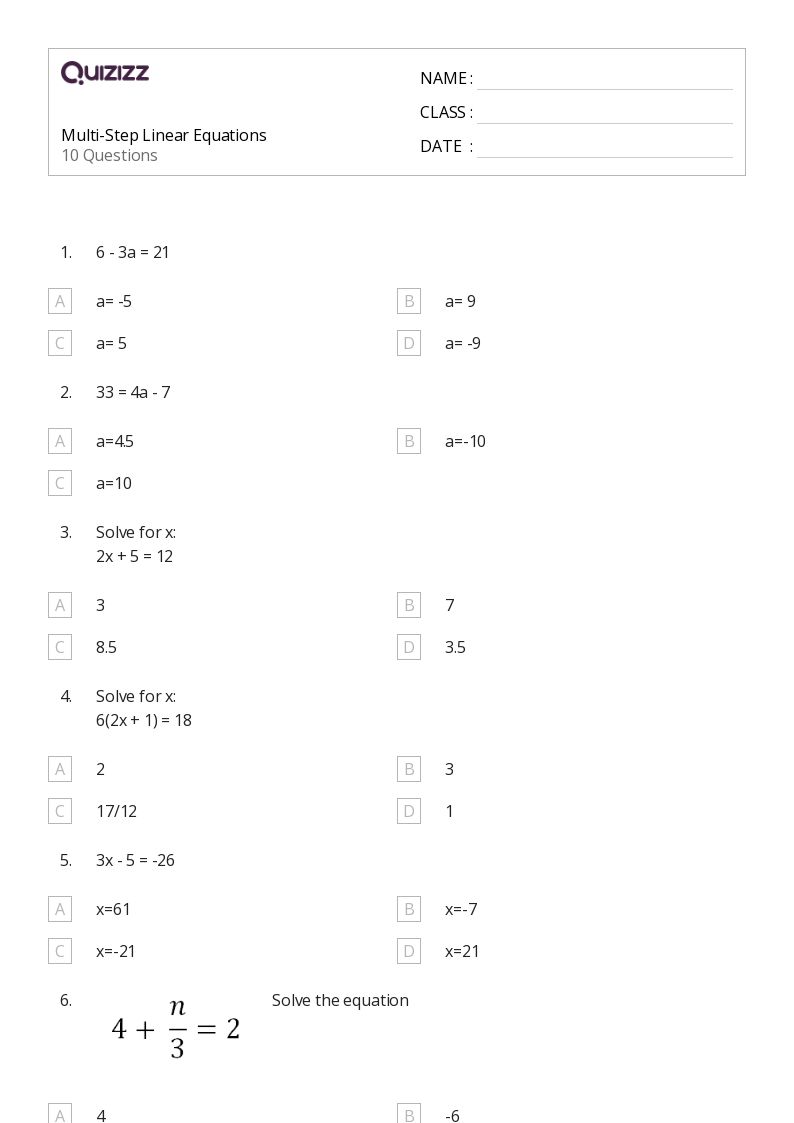 50+ Linear Equations worksheets for 6th Grade on Quizizz Free & Printable