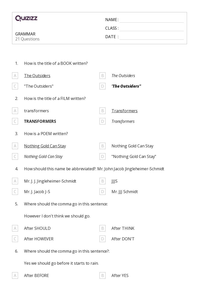 50+ Grammar worksheets for 8th Grade on Quizizz | Free & Printable