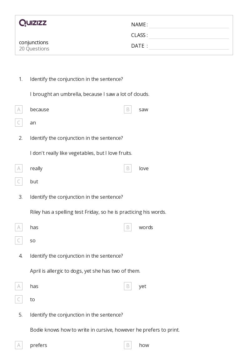 50+ Conjunctions worksheets for 4th Grade on Quizizz Free & Printable