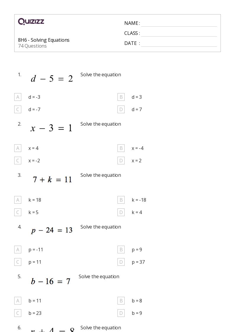 50+ Solving Equations worksheets for 1st Grade on Quizizz Free & Printable